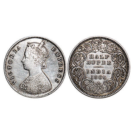 Victoria Empress, Silver, Half Rupee, 1886, Calcutta Mint, A/I, ‘C’ incused. F. Prid 270. 