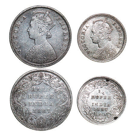 Victoria Empress, Silver, (2 coins), 1887, 1) Half Rupee, Bombay Mint, A/II(i), ‘B’ raised