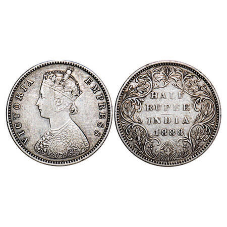 Victoria Empress, Silver, Half Rupee, 1888, Bombay Mint, A/II(i), ‘B’ raised. F. Prid 298.