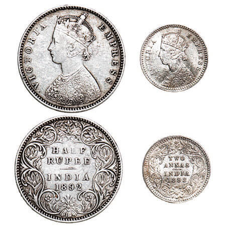 Victoria Empress, Silver, (2 coins), 1892, 1) Half Rupee, Bombay Mint, A/I, ‘B’ incused, 2