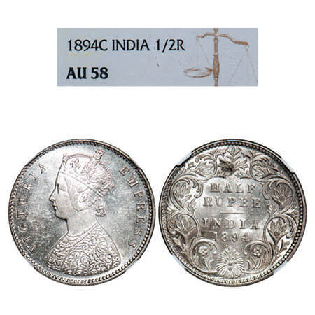 Victoria Empress, Silver, Half Rupee, 1894, Calcutta Mint, A/I, ‘C’ incused. F. Prid 278. 