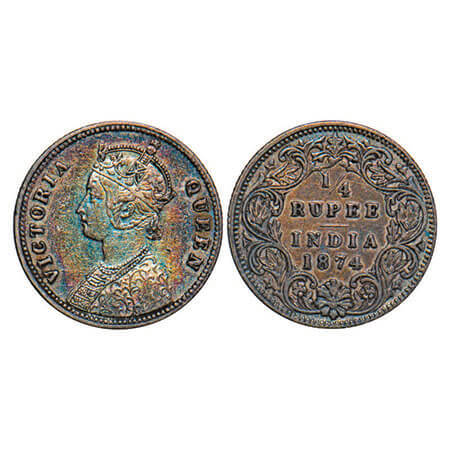 Victoria Queen, Silver, 1/4 Rupee, 1874, Calcutta Mint, A/I, No mint mark, No ‘C’. F. Prid