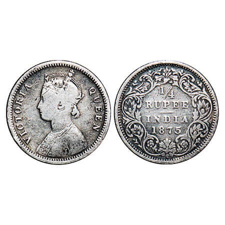 Victoria Queen, Silver, 1/4 Rupee, 1875, Bombay Mint, A/I, No dot. F. Prid 406. GK 666. Fi