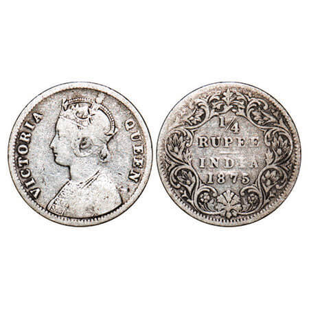 Victoria Queen, Silver, 1/4 Rupee, 1875, Calcutta Mint, A/I, No mint mark, No ‘C’. F. Prid