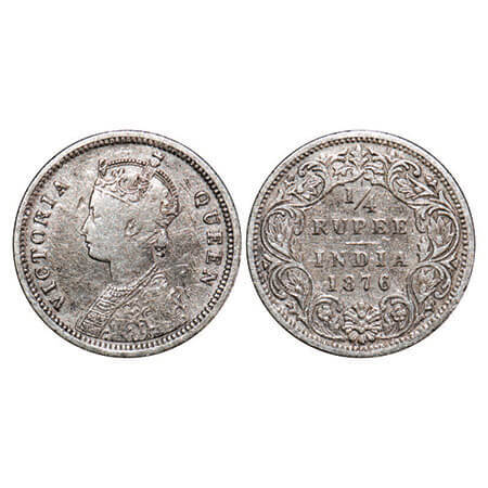Victoria Queen, Silver, 1/4 Rupee, 1876, Bombay Mint, A/I, No Dot. F. Prid 407. GK 668. Ve