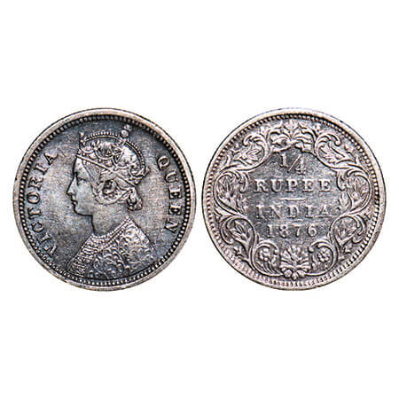 Victoria Queen, Silver, 1/4 Rupee, 1876, Bombay Mint, A/I, No dot. F. Prid 407. GK 668. Ab