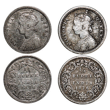 Victoria Queen, Silver, 1/4 Rupee, (2 coins), 1876, 1) Bombay Mint, A/I, No Dot, 2) Calcut
