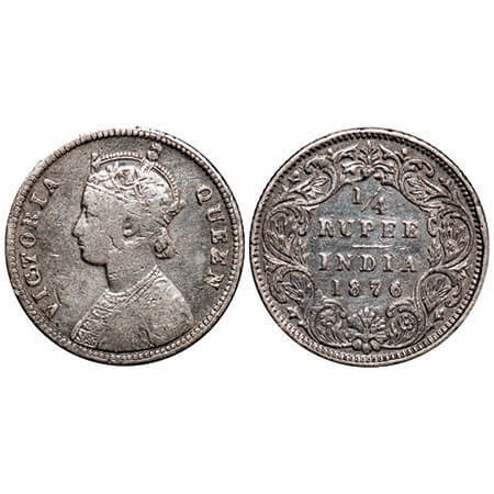 Victoria Queen, Silver, 1/4 Rupee, 1876, Calcutta Mint, A/I, No mint mark, No ‘C’. F. Prid