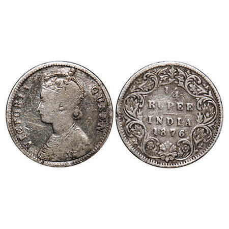 Victoria Queen, Silver, 1/4 Rupee, 1876, Calcutta Mint, A/I, No mint mark, No ‘C’. F. Prid