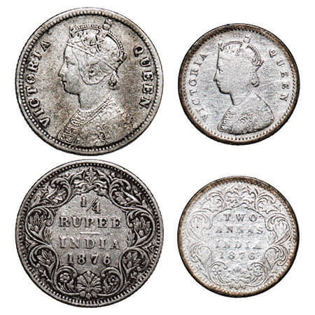 Victoria Queen, Silver, (2 coins), 1876, 1) 1/4 Rupee, Calcutta Mint, A/I, No mint mark, N