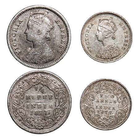 Victoria Empress, Silver, (2 coins), 1877, 1) 1/4 Rupee, Bombay Mint, B/I, Dot, 2) 2 Annas