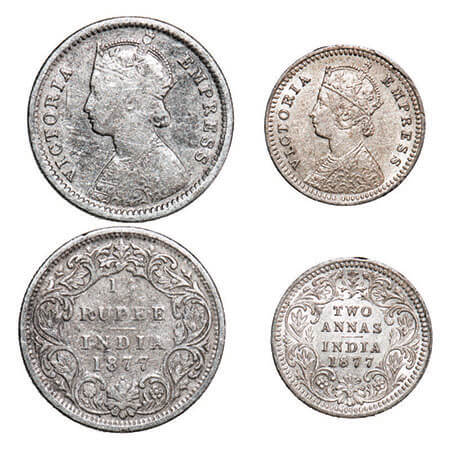 Victoria Empress, Silver, (2 coins), 1877, 1) 1/4 Rupee, Bombay Mint, B/I, Dot, 2) 2 Annas