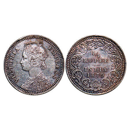 Victoria Empress, Silver, 1/4 Rupee, 1879, Calcutta Mint, C/II, ‘C’ incused. F. Prid 384. 