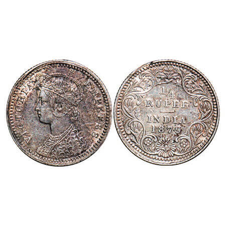 Victoria Empress, Silver, 1/4 Rupee, 1879, Calcutta Mint, C/II, ‘C’’ incused. F. Prid 384.