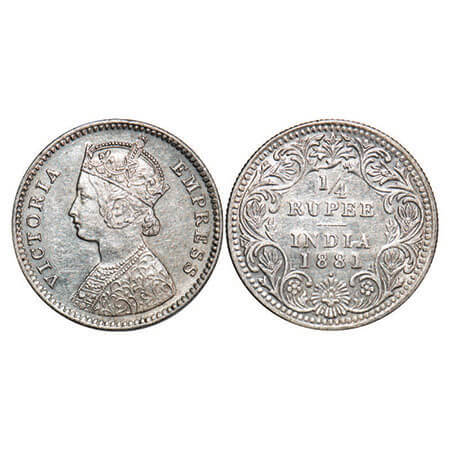 Victoria Empress, Silver, 1/4 Rupee, 1881, Bombay Mint, B/II, Dot, Ghost on Rev. F. Prid 4