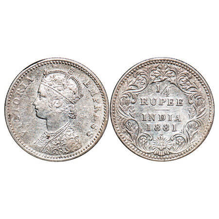 Victoria Empress, Silver, 1/4 Rupee, 1881, Bombay Mint, C/II, Dot, Ghost on Rev. F. Prid U