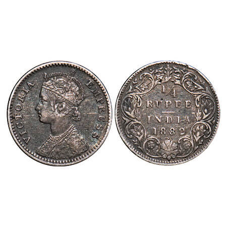 Victoria Empress, Silver, 1/4 Rupee, 1882, Bombay Mint, C/I, Dot. F. Prid 414. GK 686. Ver