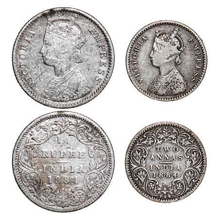Victoria Empress, Silver, (2 coins), 1884, 1) 1/4 Rupee, Bombay Mint, B/I, ‘B’ raised, 2) 