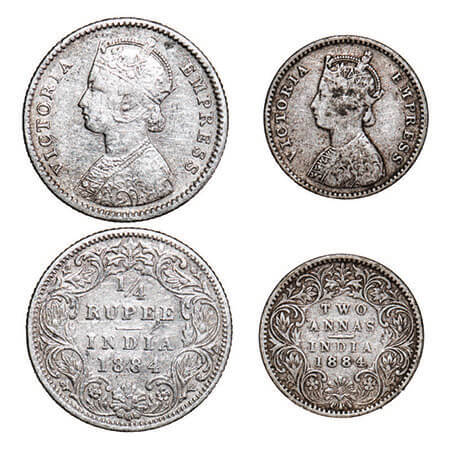 Victoria Empress, Silver, (2 coins), 1884, Bombay Mint, 1) 1/4 Rupee, B/I, ‘B’ raised, 2) 