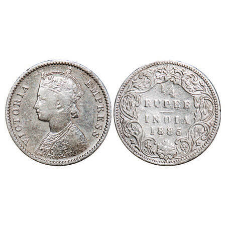 Victoria Empress, Silver, 1/4 Rupee, 1885, Bombay Mint, B/I, ‘B’ raised. F. Prid 418. GK 7