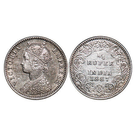 Victoria Empress, Silver, 1/4 Rupee, 1887, Bombay Mint, C(i)/II, ‘B’ raised. F. Prid 420. 