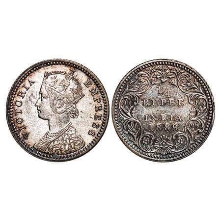 Victoria Empress, Silver, 1/4 Rupee, 1889, Calcutta Mint, C/II, ‘C’ incused, Ghost on Rev.