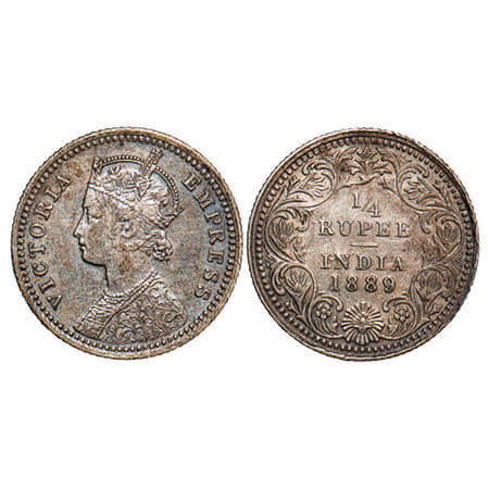 Victoria Empress, Silver, 1/4 Rupee, 1889, Calcutta Mint, C/II, ‘C’ incused, Ghost on Rev,
