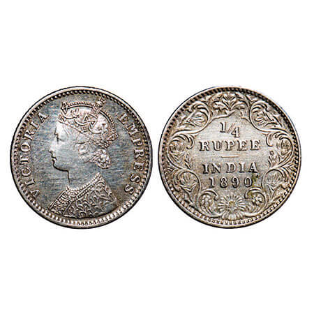 Victoria Empress, Silver, 1/4 Rupee, 1890, Bombay Mint, C(i)/II, ‘B’ incused. F. Prid 424.