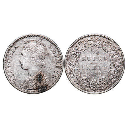 Victoria Empress, Silver, 1/4 Rupee, 1891, Bombay Mint, C(i)/I, ‘B’ incused. F. Prid 425. 