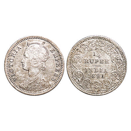 Victoria Empress, Silver, 1/4 Rupee, 1891, Calcutta Mint, C/II, ‘C’ incused. F. Prid 396. 