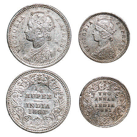 Victoria Empress, Silver, (2 coins), 1891, Calcutta Mint, 1) 1/4 Rupee, C/II, ‘C’ incused,