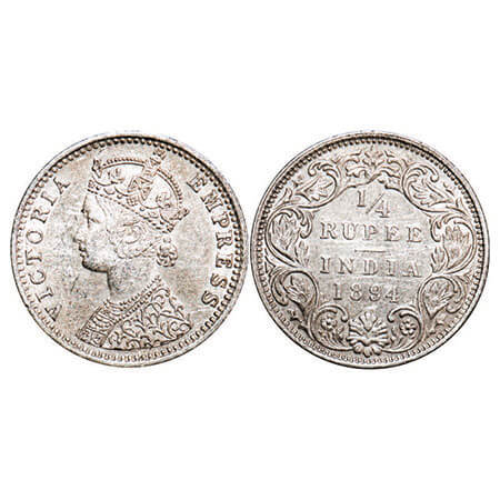 Victoria Empress, Silver, 1/4 Rupee, 1894, Bombay Mint, C(i)/I, ‘B’ incused. F. Prid 428. 