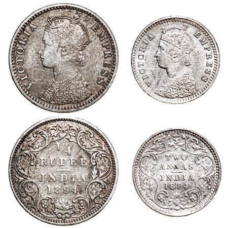 Victoria Empress, Silver, (2 coins), 1894, Bombay Mint, 1) 1/4 Rupee, C(i)/I, ‘B’ incused,
