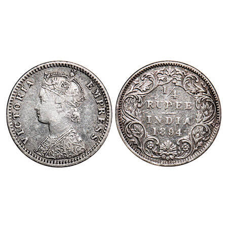 Victoria Empress, Silver, 1/4 Rupee, 1894, Bombay Mint, C(i)/I, ‘B’ incused. F. Prid 428. 