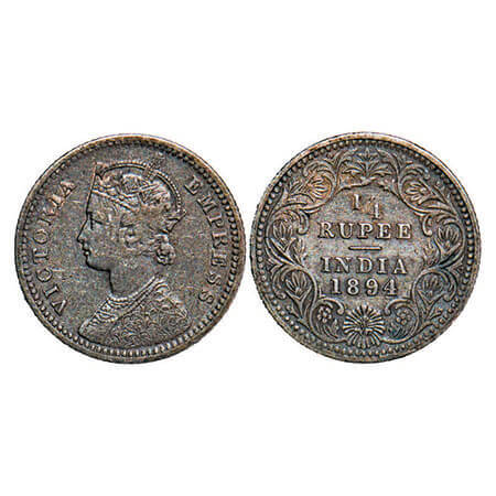 Victoria Empress, Silver, 1/4 Rupee, 1894, Calcutta Mint, C/II, ‘C’ incused. F. Prid 399. 