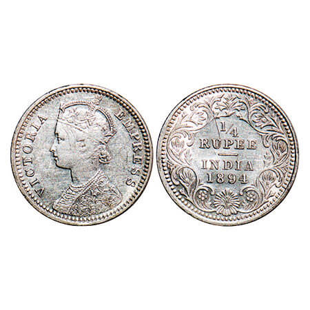 Victoria Empress, Silver, 1/4 Rupee, 1894, Calcutta Mint, C/II, ‘C’ incused. F. Prid 399. 