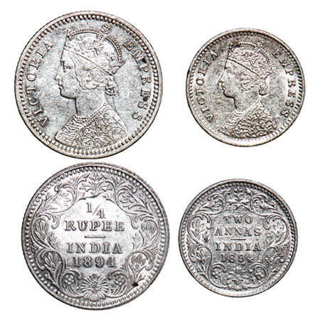 Victoria Empress, Silver, (2 coins), 1894, 1) 1/4 Rupee, Calcutta Mint, C/II, ‘C’ incused,