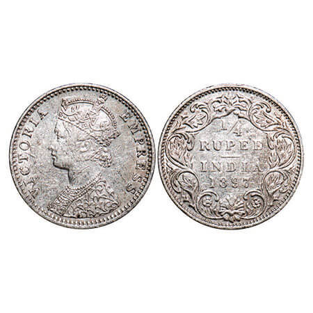 Victoria Empress, Silver, 1/4 Rupee, 1897, Bombay Mint, C(i)/I, ‘B’ incused. F. Prid 430. 