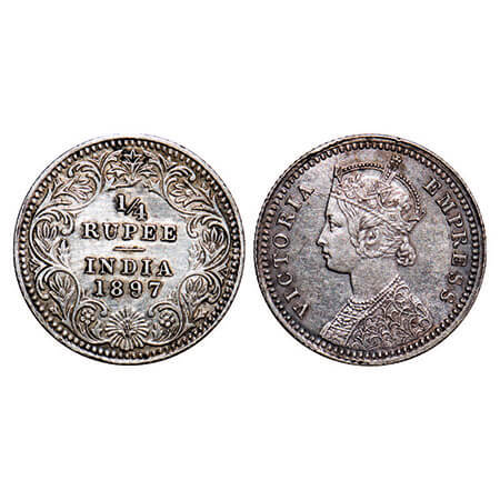 Victoria Empress, Silver, 1/4 Rupee, 1897, Calcutta Mint, C/II, ‘C’ incused. F. Prid 401. 