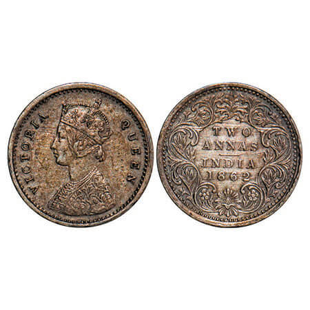 Victoria Queen, Silver, 2 Annas, 1862, Bombay Mint, A/I, Bottom flower centre top petal br