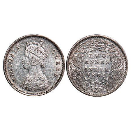 Victoria Queen, Silver, 2 Annas, 1862, Bombay Mint, A/I, Bottom flower top 3 petals same s