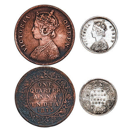 Victoria Queen, Mixmetal, (2 coins), 1) Silver, 2 Annas, 1874, Bombay Mint, A/I, No mint m