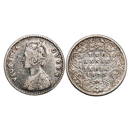 Victoria Queen, Silver, 2 Annas, 1875, Calcutta Mint, A/I, No mint mark. F. Prid 489. GK 7