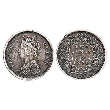 Victoria Queen, Silver, 2 Annas, 1876, Bombay Mint, A/I, Dot, Nick on Rev rim edge. F. Pri