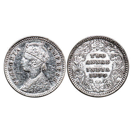 Victoria Empress, Silver, 2 Annas, 1879, Calcutta Mint, B/II, ‘C’ incused. F. Prid 494. GK