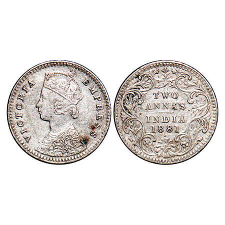 Victoria Empress, Silver, 2 Annas, 1881, Bombay Mint, B/II, Dot. F. Prid 524. GK 757. Very