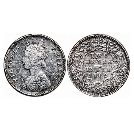 Victoria Empress, Silver, 2 Annas, 1882, Bombay Mint, A/I, Dot, Bag marks on Obv and Rev. 