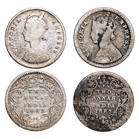 Victoria Empress, Silver, 2 Annas, (2 coins), 1882, Bombay Mint, 1) A/I, Dot, 2) B/I, Dot.
