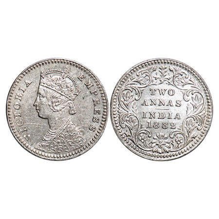Victoria Empress, Silver, 2 Annas, 1882, Calcutta Mint, B/II, ‘C’ incused, Ghost on Obv an