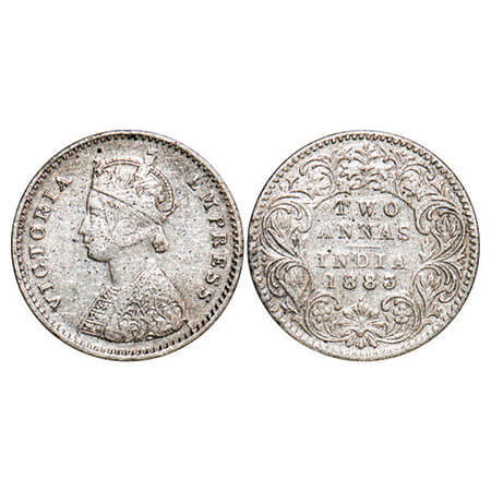 Victoria Empress, Silver, 2 Annas, 1883, Bombay Mint, A/I, Dot. F. Prid 529. GK 765. Very 
